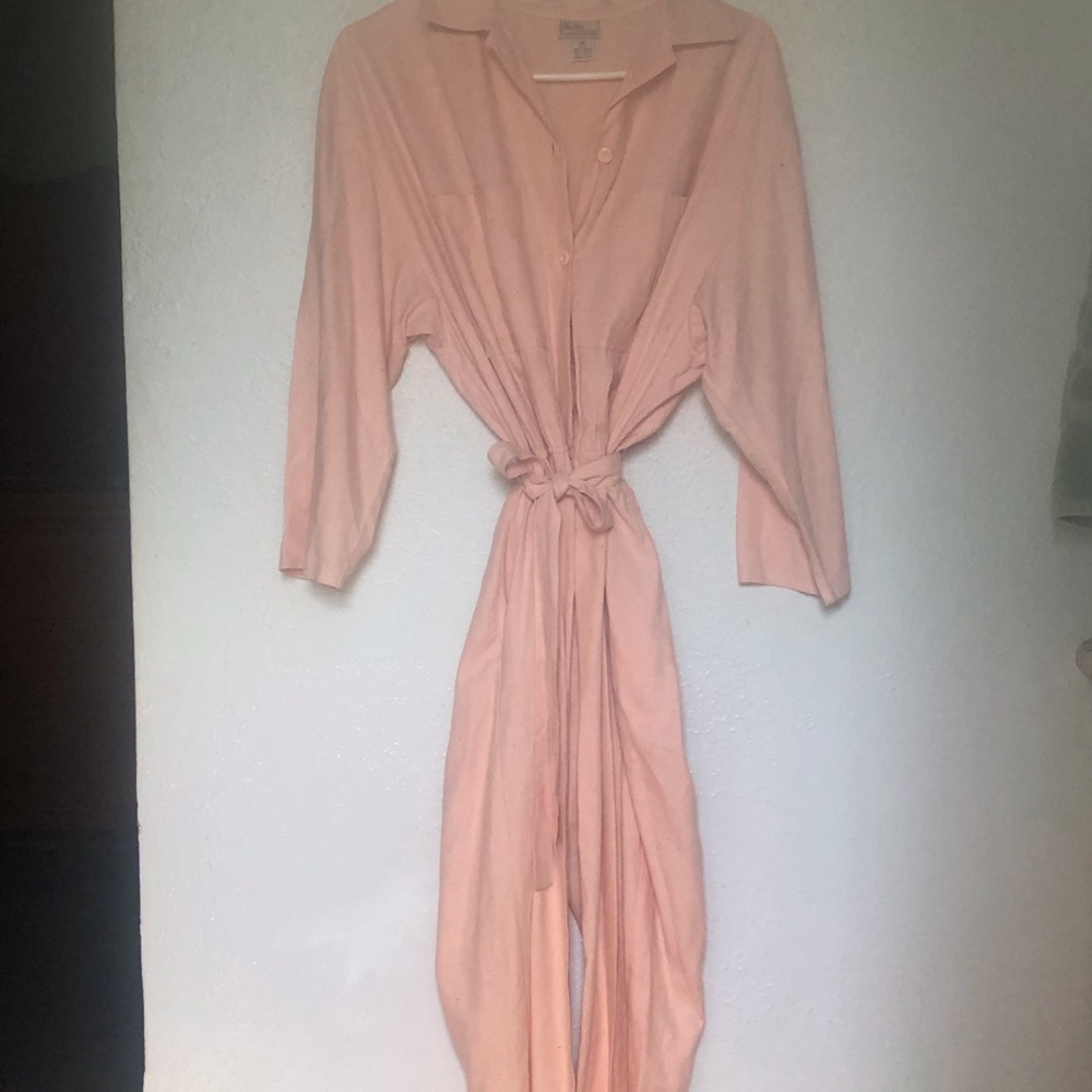 Coral raw silk pantsuit.